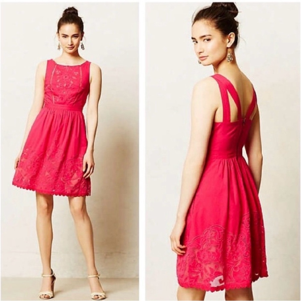 Anthropologie ‘Moulinette Soeurs’ Rhododendron embroidered mesh accents in pink